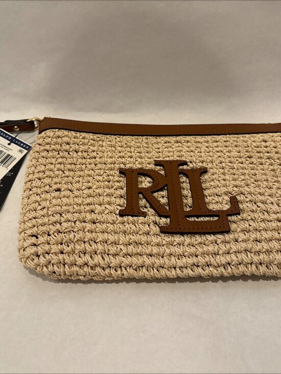 Lauren Ralph Lauren Handbags - NWT Authentic Lauren Ralph Lauren Cognac Brown Leather and Woven Clutch Purse